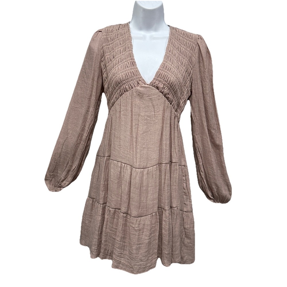 HYFVE Long Sleeve Smocked V-Neck Tiered Mini Dress in Taupe